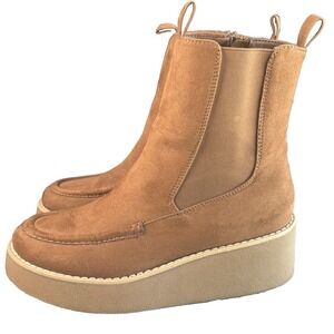 London Underground Charlie Platform Boots 8 Chestnut Faux Suede Side Zip